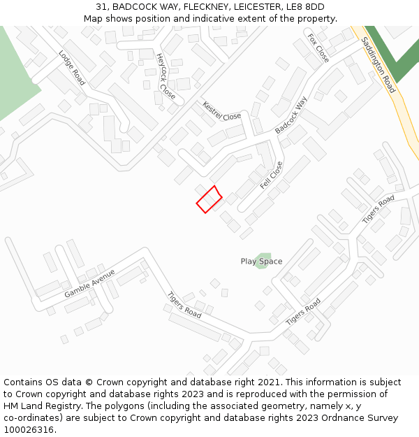31, BADCOCK WAY, FLECKNEY, LEICESTER, LE8 8DD: Location map and indicative extent of plot
