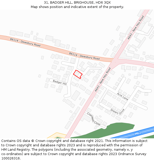 31, BADGER HILL, BRIGHOUSE, HD6 3QX: Location map and indicative extent of plot