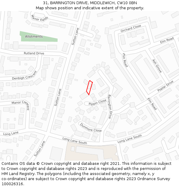31, BARRINGTON DRIVE, MIDDLEWICH, CW10 0BN: Location map and indicative extent of plot