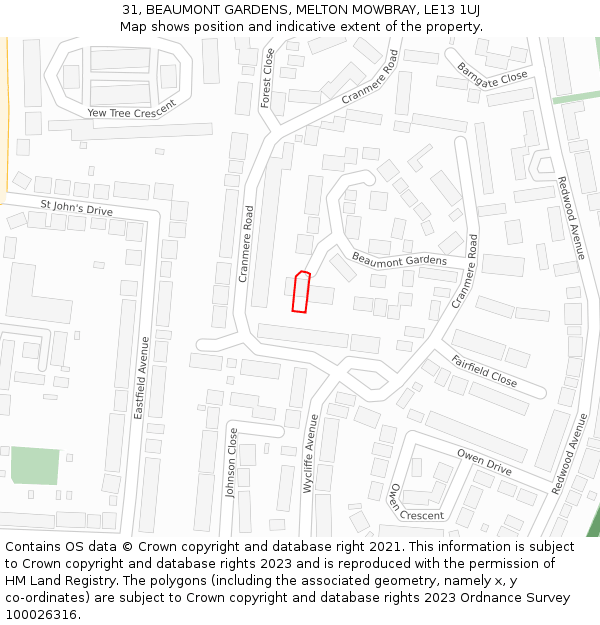 31, BEAUMONT GARDENS, MELTON MOWBRAY, LE13 1UJ: Location map and indicative extent of plot