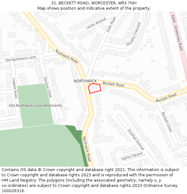 31, BECKETT ROAD, WORCESTER, WR3 7NH: Location map and indicative extent of plot