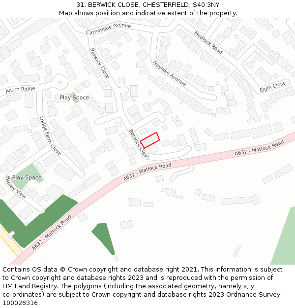 31, BERWICK CLOSE, CHESTERFIELD, S40 3NY: Location map and indicative extent of plot