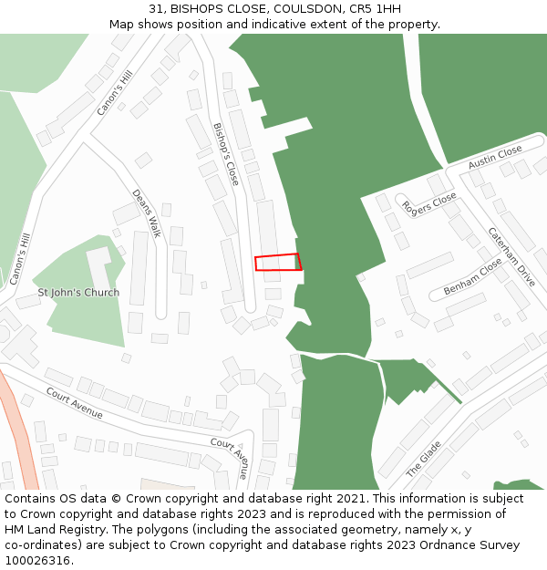 31, BISHOPS CLOSE, COULSDON, CR5 1HH: Location map and indicative extent of plot