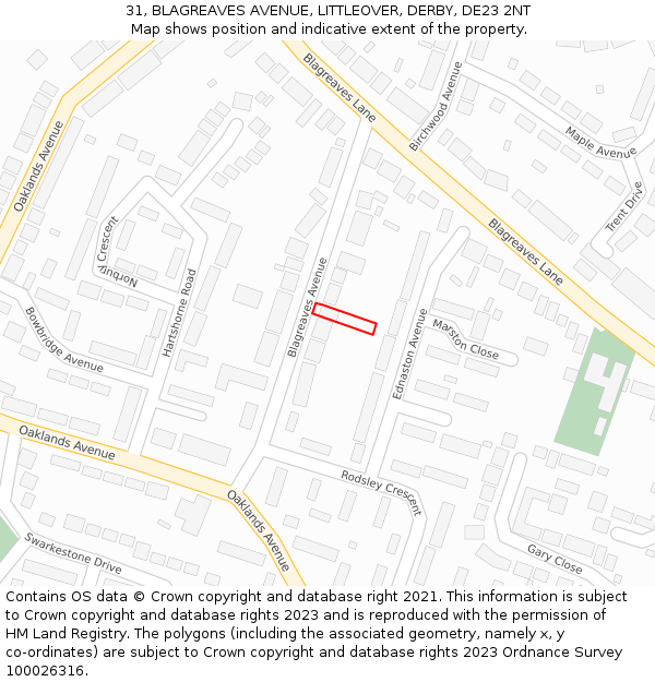 31, BLAGREAVES AVENUE, LITTLEOVER, DERBY, DE23 2NT: Location map and indicative extent of plot