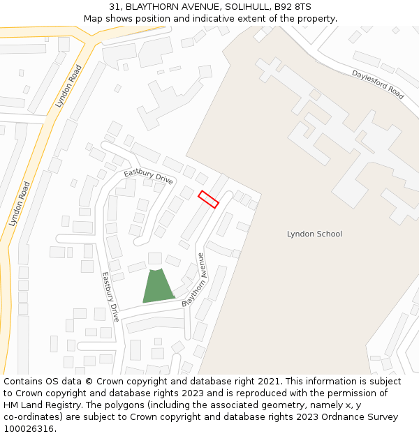 31, BLAYTHORN AVENUE, SOLIHULL, B92 8TS: Location map and indicative extent of plot