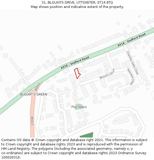 31, BLOUNTS DRIVE, UTTOXETER, ST14 8TQ: Location map and indicative extent of plot
