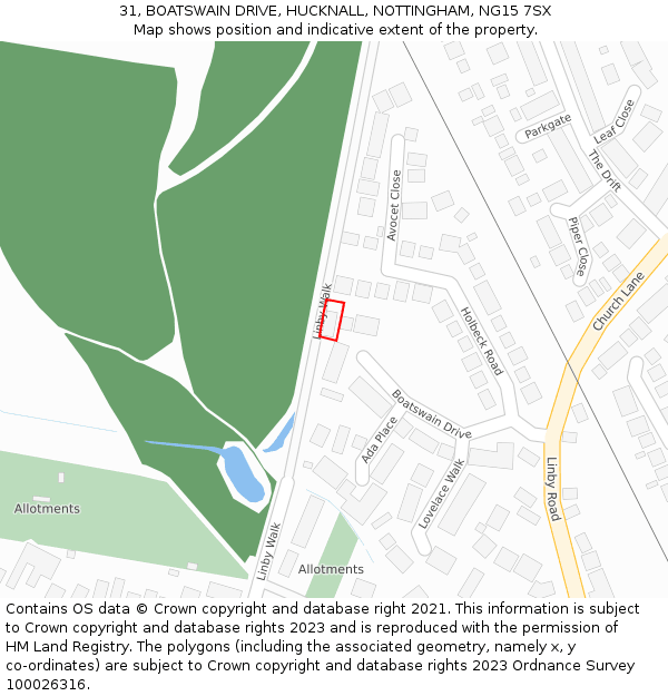 31, BOATSWAIN DRIVE, HUCKNALL, NOTTINGHAM, NG15 7SX: Location map and indicative extent of plot