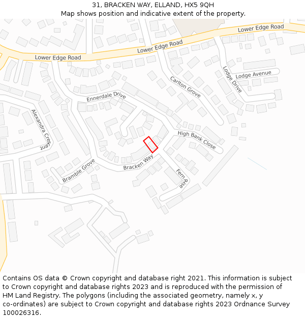 31, BRACKEN WAY, ELLAND, HX5 9QH: Location map and indicative extent of plot