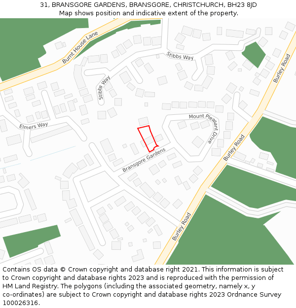 31, BRANSGORE GARDENS, BRANSGORE, CHRISTCHURCH, BH23 8JD: Location map and indicative extent of plot
