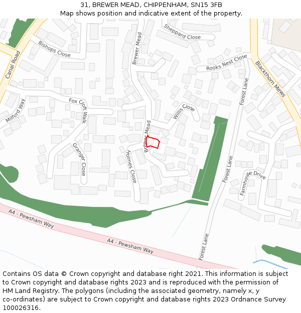 31, BREWER MEAD, CHIPPENHAM, SN15 3FB: Location map and indicative extent of plot