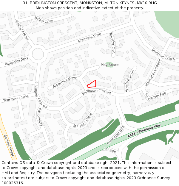31, BRIDLINGTON CRESCENT, MONKSTON, MILTON KEYNES, MK10 9HG: Location map and indicative extent of plot