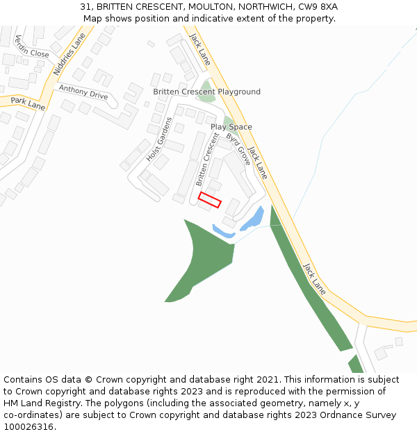 31, BRITTEN CRESCENT, MOULTON, NORTHWICH, CW9 8XA: Location map and indicative extent of plot