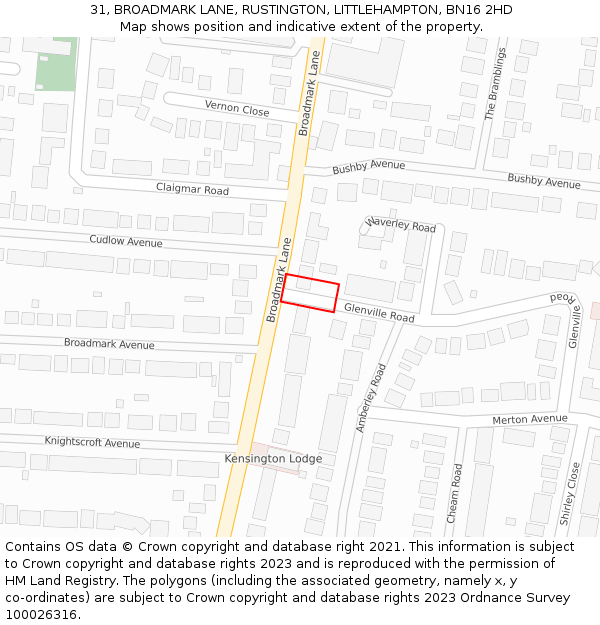 31, BROADMARK LANE, RUSTINGTON, LITTLEHAMPTON, BN16 2HD: Location map and indicative extent of plot