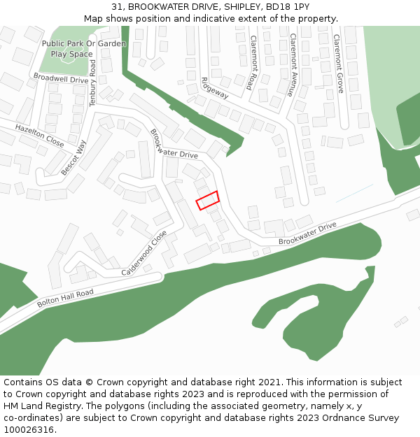 31, BROOKWATER DRIVE, SHIPLEY, BD18 1PY: Location map and indicative extent of plot