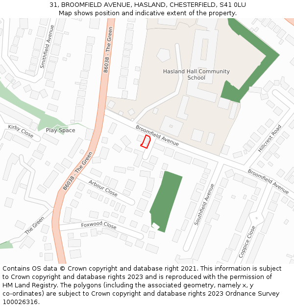 31, BROOMFIELD AVENUE, HASLAND, CHESTERFIELD, S41 0LU: Location map and indicative extent of plot
