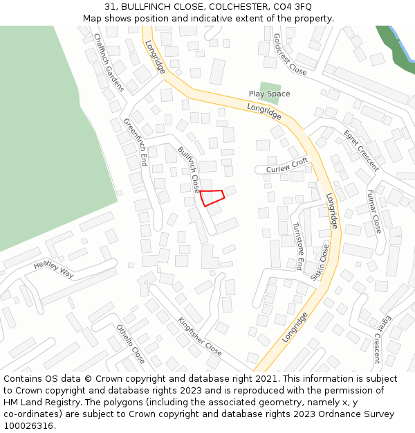 31, BULLFINCH CLOSE, COLCHESTER, CO4 3FQ: Location map and indicative extent of plot