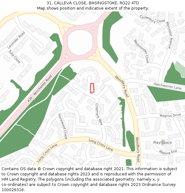 31, CALLEVA CLOSE, BASINGSTOKE, RG22 4TD: Location map and indicative extent of plot