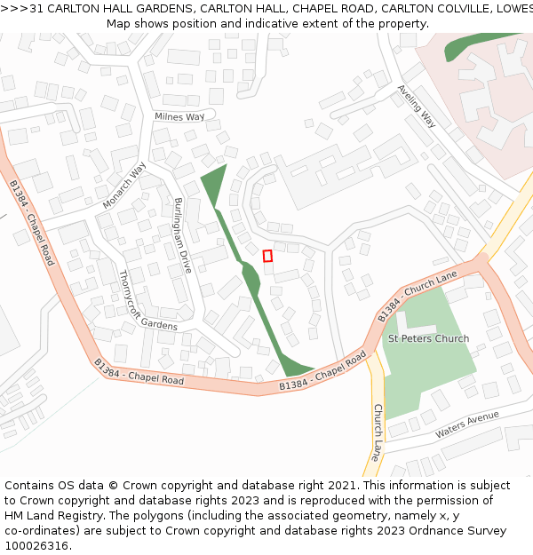 31 CARLTON HALL GARDENS, CARLTON HALL, CHAPEL ROAD, CARLTON COLVILLE, LOWESTOFT, NR33 8BL: Location map and indicative extent of plot