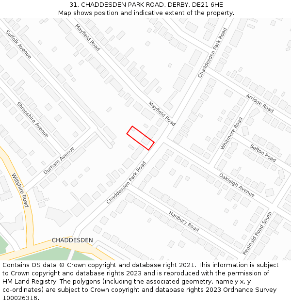 31, CHADDESDEN PARK ROAD, DERBY, DE21 6HE: Location map and indicative extent of plot
