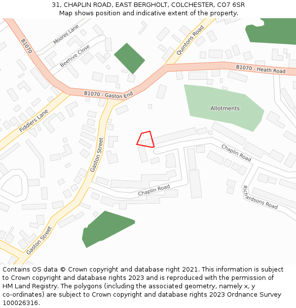 31, CHAPLIN ROAD, EAST BERGHOLT, COLCHESTER, CO7 6SR: Location map and indicative extent of plot