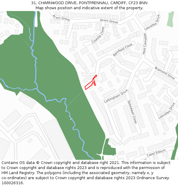 31, CHARNWOOD DRIVE, PONTPRENNAU, CARDIFF, CF23 8NN: Location map and indicative extent of plot