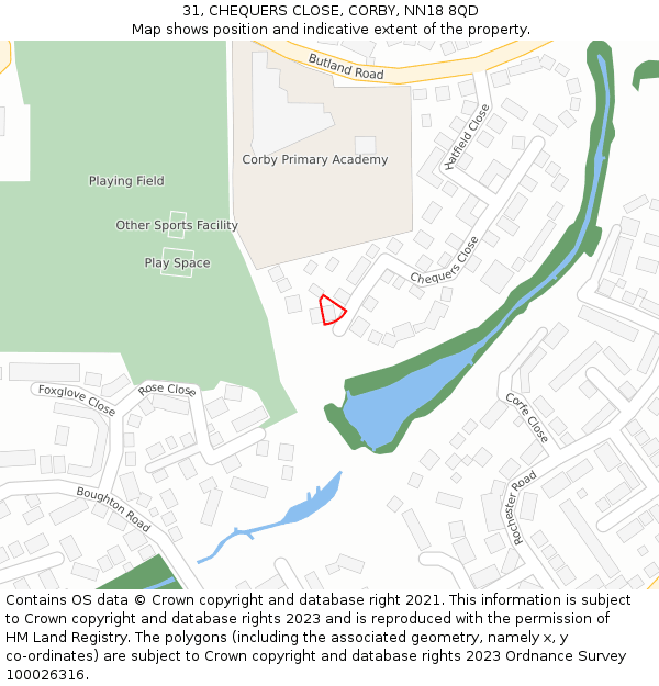 31, CHEQUERS CLOSE, CORBY, NN18 8QD: Location map and indicative extent of plot