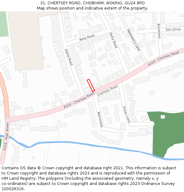 31, CHERTSEY ROAD, CHOBHAM, WOKING, GU24 8PD: Location map and indicative extent of plot