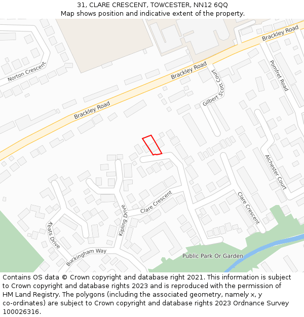 31, CLARE CRESCENT, TOWCESTER, NN12 6QQ: Location map and indicative extent of plot
