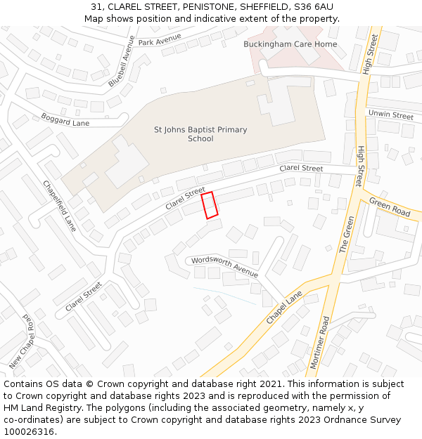 31, CLAREL STREET, PENISTONE, SHEFFIELD, S36 6AU: Location map and indicative extent of plot