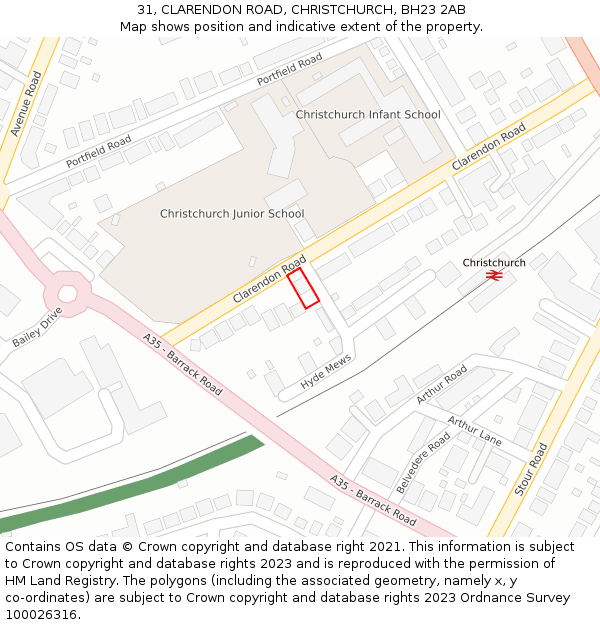31, CLARENDON ROAD, CHRISTCHURCH, BH23 2AB: Location map and indicative extent of plot