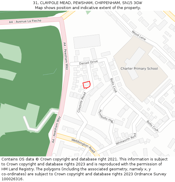 31, CLAYPOLE MEAD, PEWSHAM, CHIPPENHAM, SN15 3GW: Location map and indicative extent of plot