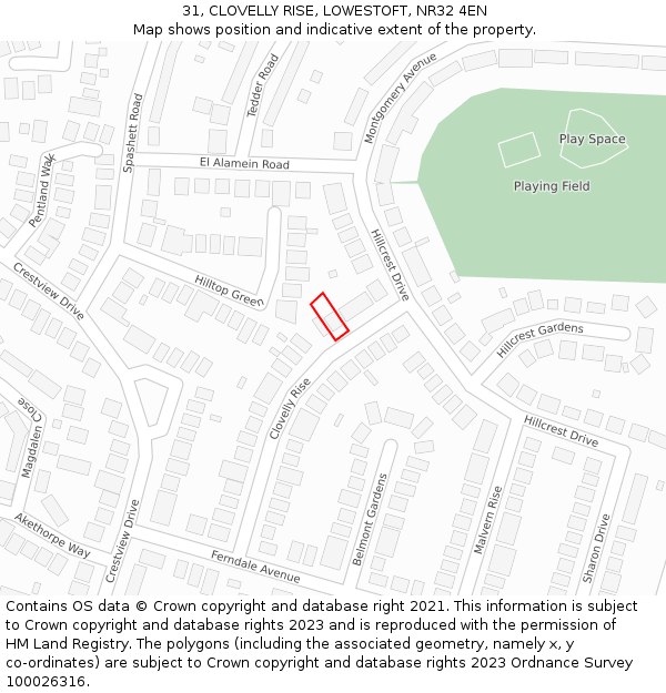 31, CLOVELLY RISE, LOWESTOFT, NR32 4EN: Location map and indicative extent of plot