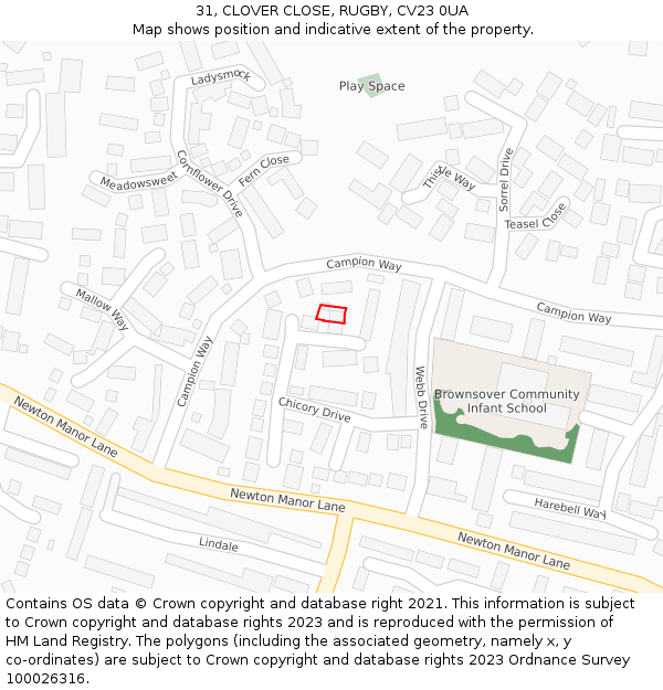31, CLOVER CLOSE, RUGBY, CV23 0UA: Location map and indicative extent of plot