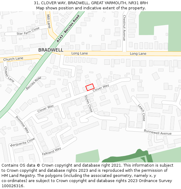 31, CLOVER WAY, BRADWELL, GREAT YARMOUTH, NR31 8RH: Location map and indicative extent of plot