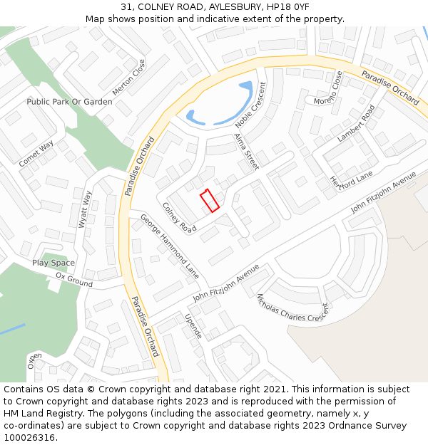 31, COLNEY ROAD, AYLESBURY, HP18 0YF: Location map and indicative extent of plot