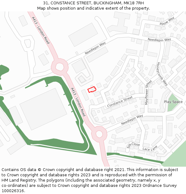 31, CONSTANCE STREET, BUCKINGHAM, MK18 7RH: Location map and indicative extent of plot