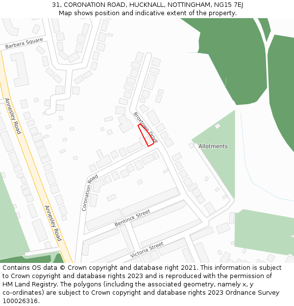 31, CORONATION ROAD, HUCKNALL, NOTTINGHAM, NG15 7EJ: Location map and indicative extent of plot