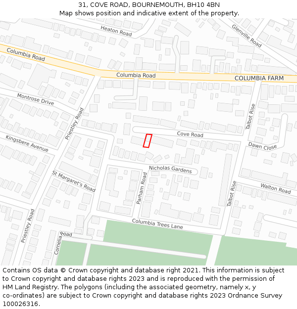 31, COVE ROAD, BOURNEMOUTH, BH10 4BN: Location map and indicative extent of plot