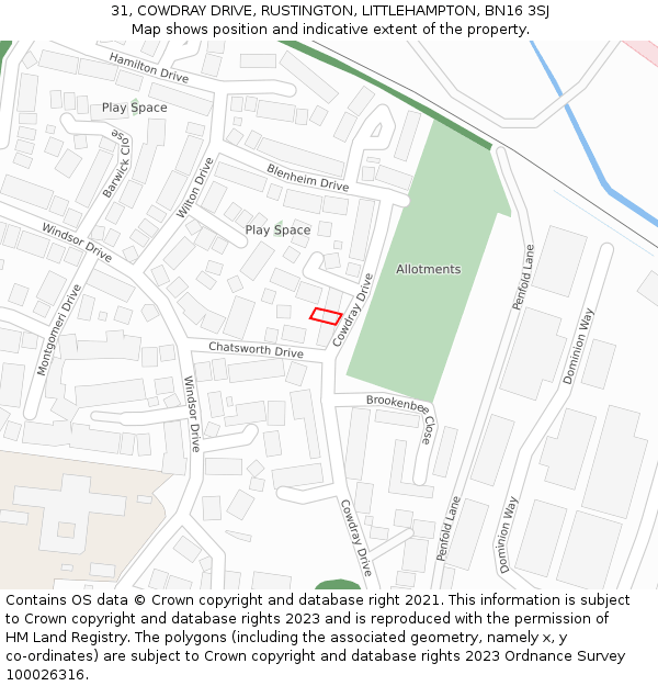 31, COWDRAY DRIVE, RUSTINGTON, LITTLEHAMPTON, BN16 3SJ: Location map and indicative extent of plot