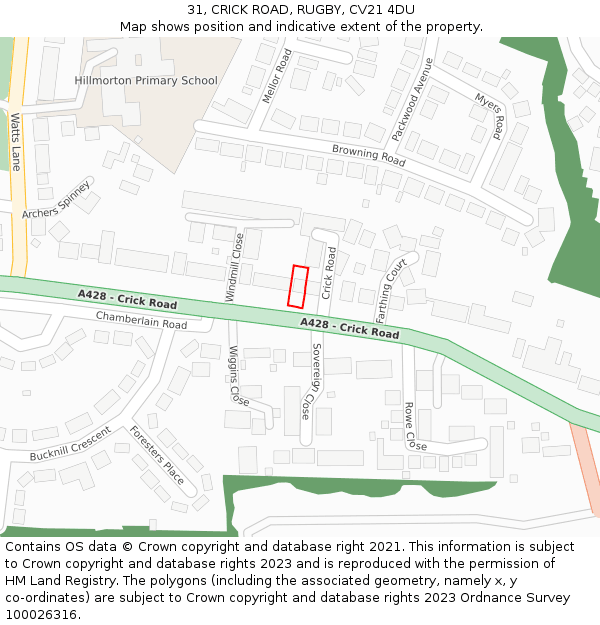 31, CRICK ROAD, RUGBY, CV21 4DU: Location map and indicative extent of plot