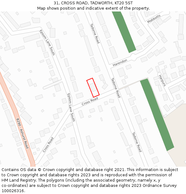 31, CROSS ROAD, TADWORTH, KT20 5ST: Location map and indicative extent of plot