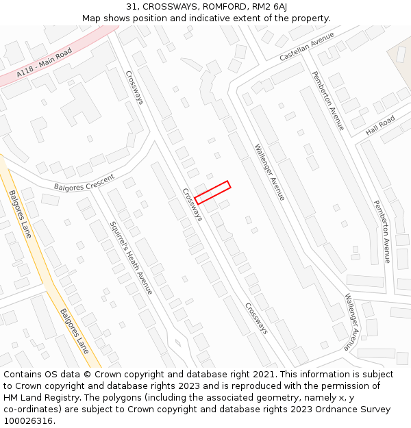 31, CROSSWAYS, ROMFORD, RM2 6AJ: Location map and indicative extent of plot
