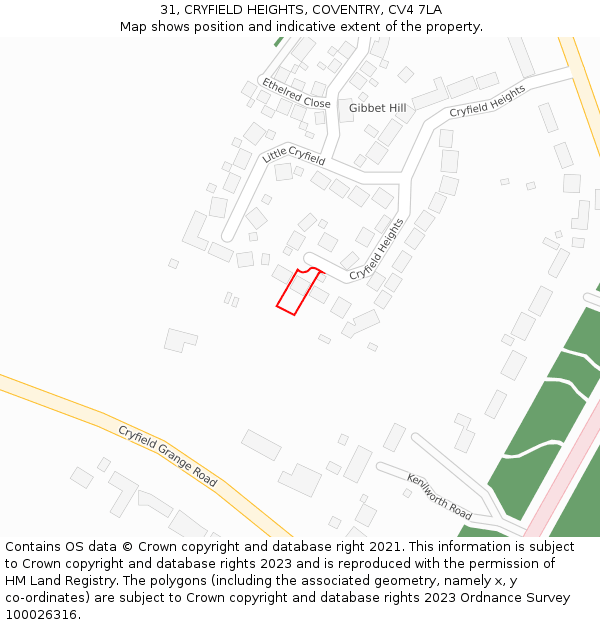 31, CRYFIELD HEIGHTS, COVENTRY, CV4 7LA: Location map and indicative extent of plot