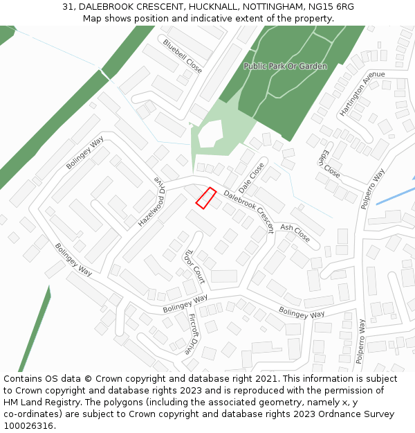 31, DALEBROOK CRESCENT, HUCKNALL, NOTTINGHAM, NG15 6RG: Location map and indicative extent of plot