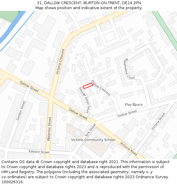 31, DALLOW CRESCENT, BURTON-ON-TRENT, DE14 2PN: Location map and indicative extent of plot