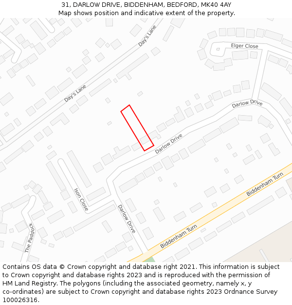 31, DARLOW DRIVE, BIDDENHAM, BEDFORD, MK40 4AY: Location map and indicative extent of plot