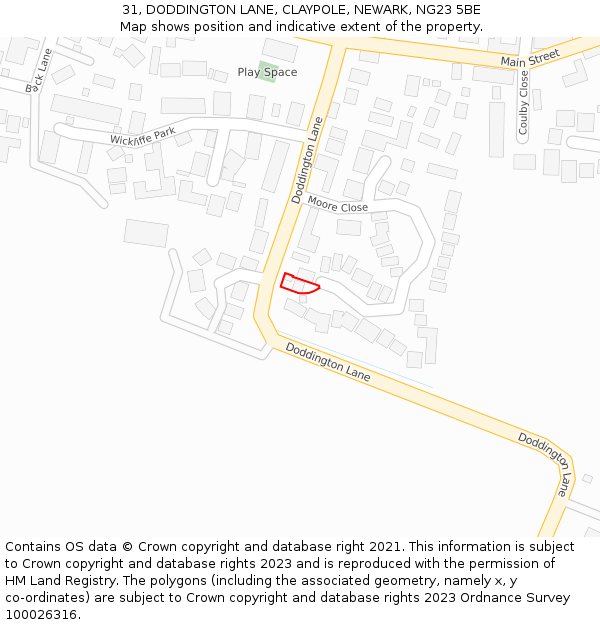 31, DODDINGTON LANE, CLAYPOLE, NEWARK, NG23 5BE: Location map and indicative extent of plot