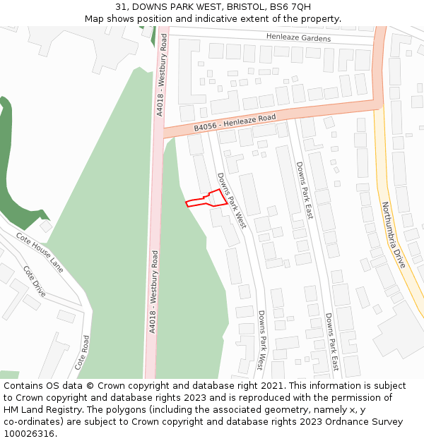 31, DOWNS PARK WEST, BRISTOL, BS6 7QH: Location map and indicative extent of plot