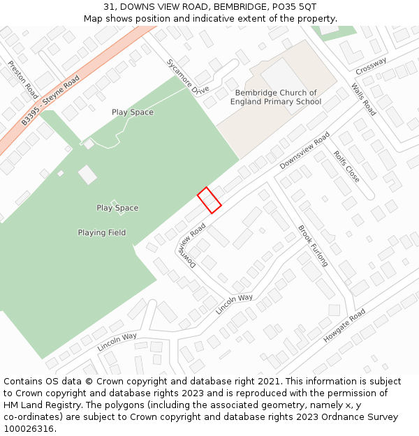 31, DOWNS VIEW ROAD, BEMBRIDGE, PO35 5QT: Location map and indicative extent of plot