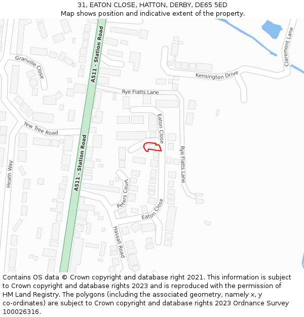 31, EATON CLOSE, HATTON, DERBY, DE65 5ED: Location map and indicative extent of plot